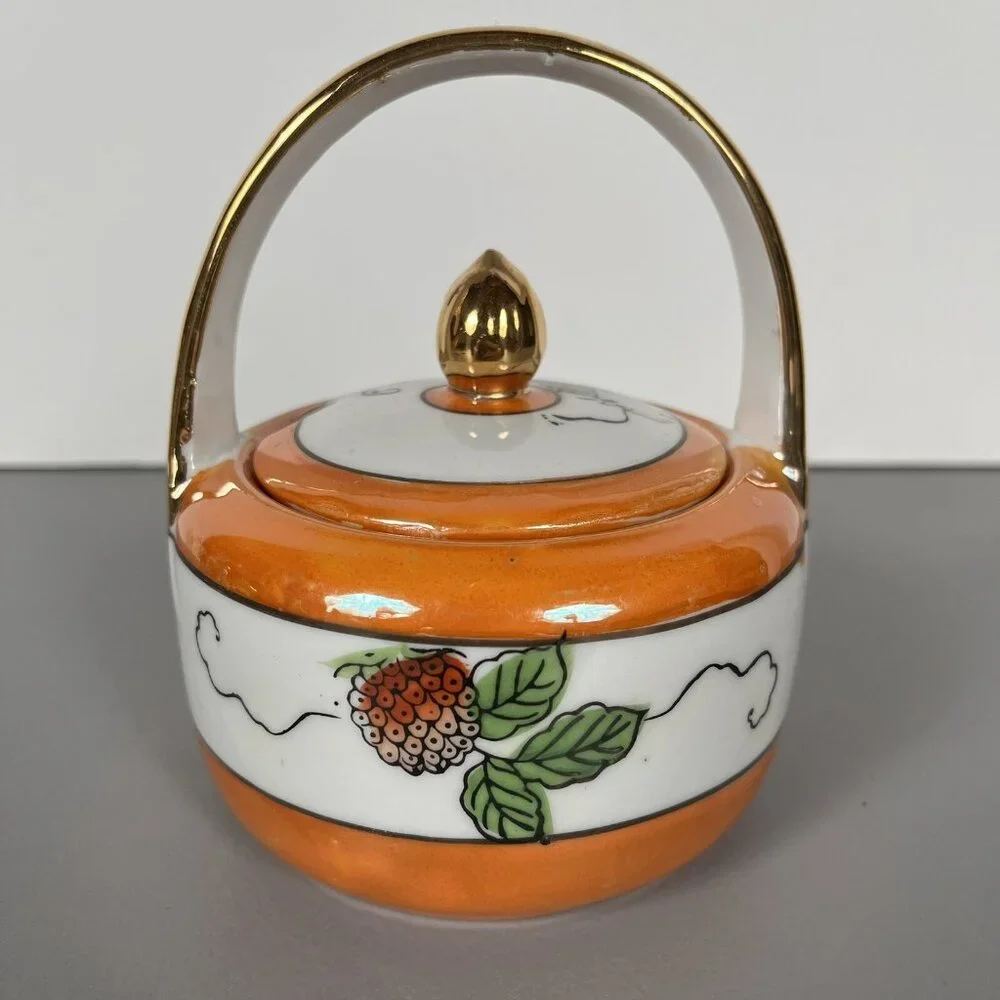 VTG Orange Hand Painted Peach‎ Lusterware Jam/Jelly Jar Strawberry Design Japan
